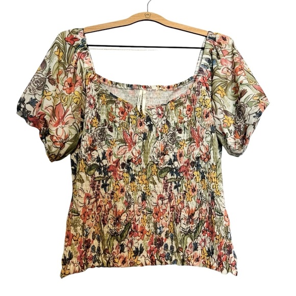 Anthropologie Aurelia Pink and Yellow Puff Sleeve Smocked Blouse Boho Large - Picture 2 of 9